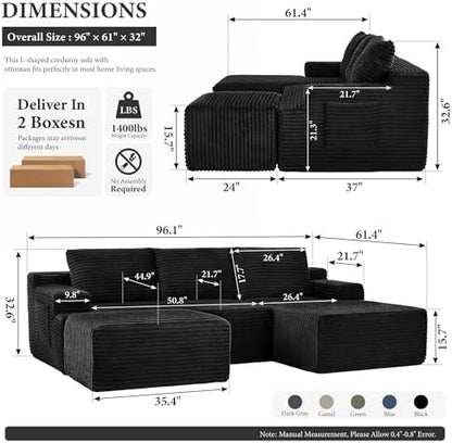 96" Sectional Couches for Living Room Cloud Couch Sofa with L-Shape Upholstered Boneless Couchs Modern Modular Sectional Couch with Chaise (Black, 96.1" U Shape with Right Facing Chaise)
