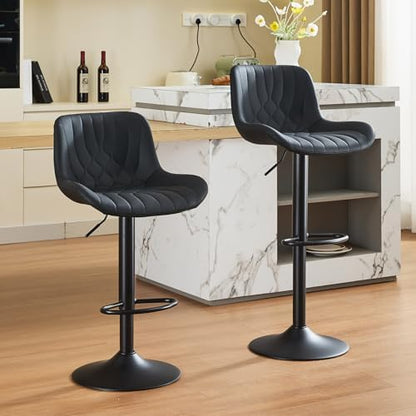 Modern Bar Stools Set of 6, Adjustable Swivel Counter Height Kitchen Bar Stools with Backrest, Faux Leather Padded Seats, Kitchen Island Chairs for Breakfast Bar, Black