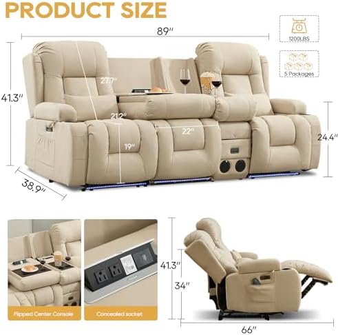 IPKIG Power Loveseat Recliner Sofa with Flip Back Console, 89" - 4 Seat