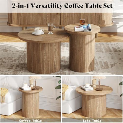 AMERLIFE Rustic Nesting Coffee Table Set of 2, Wood Finish Coffee Table Set, Farmhouse Round Sofa Side Tables for Living Room, Small Spaces, Natural Finish