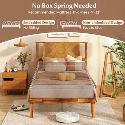 KOMFOTT Twin Size Wood Bed Frame with Headboard, Solid Acacia Wood Platform Bed Frame, Wooden Slats Supported Bed Base with Under-Bed Storage Space, No Box Spring Needed Mattress Foundation