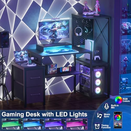 Small Gaming Desk with 2 Fabric Drawers - Reversible Computer Desk with Power Outlet & LED Lights, 49" Office Desk with Monitor Stand & Storage Shelves, Writing Study Table with Pegboard, Black