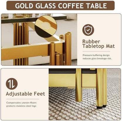Gold Glass Coffee Table Set of 3, End Table Modern Living Room Table Set Rectangle Clear Tempered Glass Luxury Stainless Steel Leg, Center Side Table for Home (Gold, 43" Set of 3)