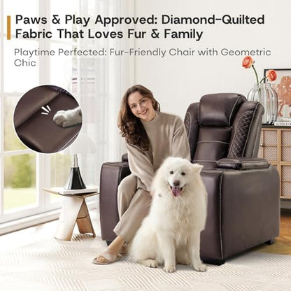 ANJ Power Recliner Chair Set of 6, Electric Recliner with Adjustable Headrest, Dual Motor Home Theater Seating with USB Port, Cup Holders, LED Lights, Hidden Arm Storage – PU Leather,Brown