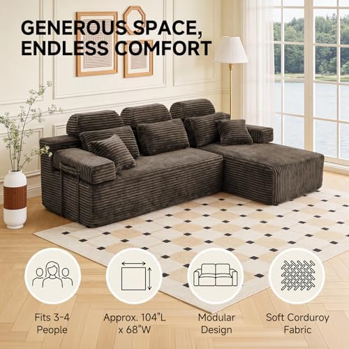 104″ L-Shaped Boneless Couches for Living Room,Corduroy Futon Sofa Bed