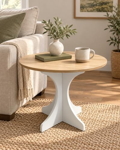 Modern Round Side Table 24in Accent End Table Coffee Table with Walnut Wood Grain Tabletop & White Curved Base for Living Room Bedroom Sofa Corner, Pedestal Nightstand for Indoor/Outdoor