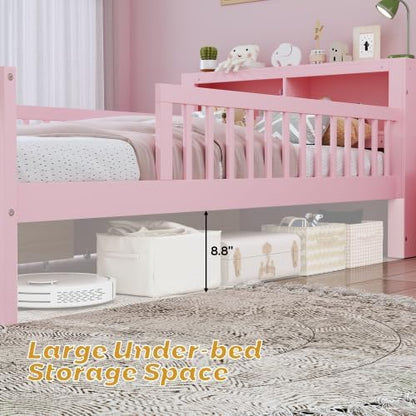 Bellemave Kids Twin Platform Bed with 2 Drawers & Storage Headboard, Kids Twin Bed Frame with 3-Side Guardrails for Girls Boys, Pink