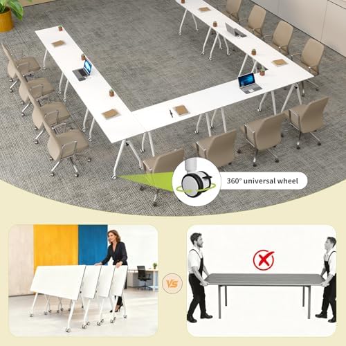 Folding Conference Table with Wheels, 2 Pack Modular Flip Top Conference Tables for Training Rooms, Mobile Modern Office Table, 63 Inch Large Conference Room Table, White