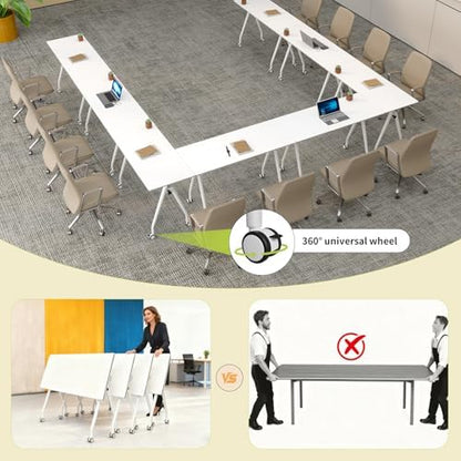 Folding Conference Table with Wheels, 2 Pack Modular Flip Top Conference Tables for Training Rooms, Mobile Modern Office Table, 63 Inch Large Conference Room Table, White