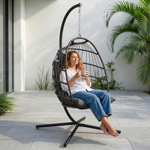 SereneLife Hanging Egg Chair with Stand | Foldable Rattan Wicker Hammock Chair for Patio, Balcony, and Bedroom Use with UV & Weather Resistant Cushion | 350 lb Capacity | Folds Flat Easy Storage
