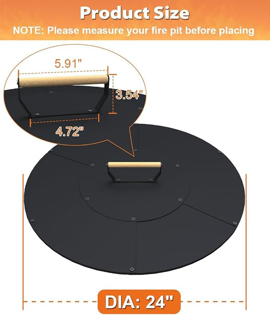 24" Wooden-Handle Fire Pit Lid for Pits up to 22", Round Metal Bonfire Pit Burner Pan Cover, Smokeless Fire Pit Cover for Fire Tables, All-Weather Resistance Outdoor Firepit Accessory