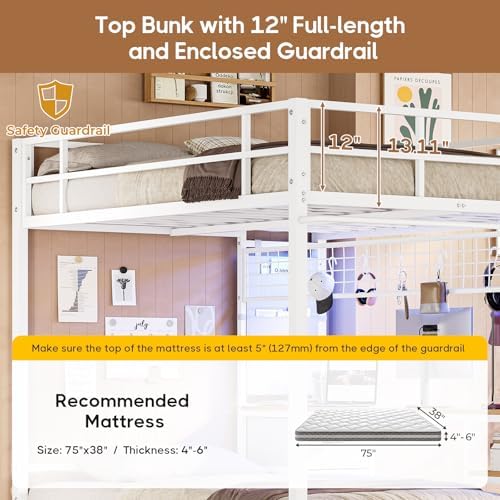 Bunk Bed Full Over Twin with Desk, Led Lights and Charging Station,White