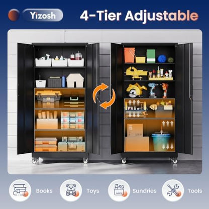 Yizosh Black Wheeled Metal Garage Storage Cabinet,Lockable Storage Cabinet