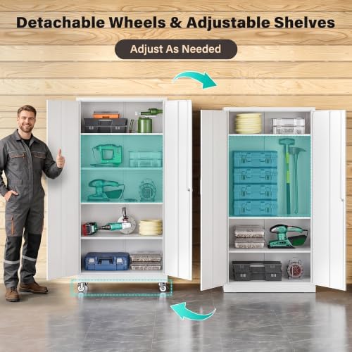 SISESOL 75" Tall White Metal Storage Cabinet with Wheels and Shelves