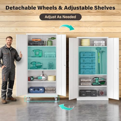 SISESOL 75" Tall White Metal Storage Cabinet with Wheels and Shelves