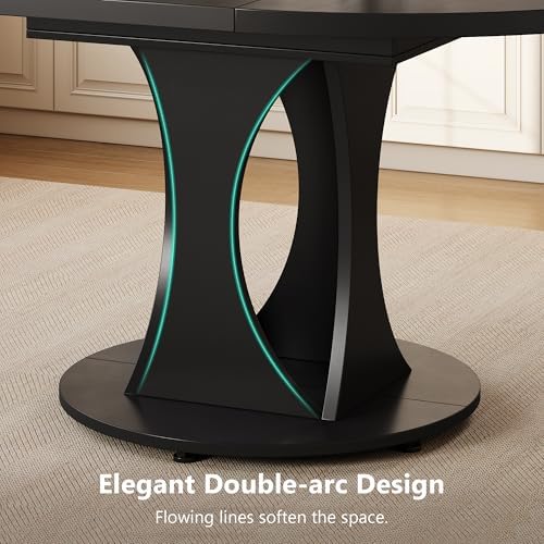 Round Dining Table for 4-6, Kitchen Table with Sturdy Double Arc & Rounded Base & Backboard Clasp Desktop, Mid-Century Modern Circle Dinner Table for Dining Living Room, Space Saving, Black