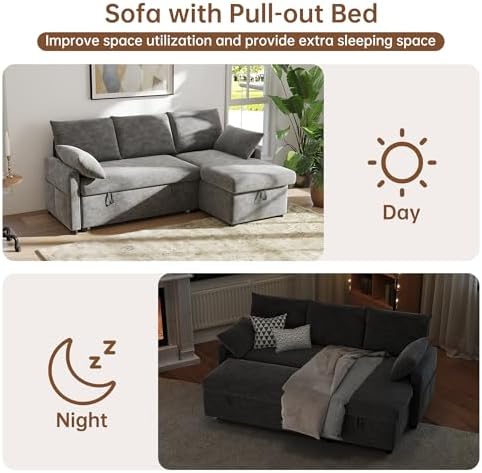 Sofa Bed, 80'' L-Shaped Chenille Sleeper Sofa, Dark Gray
