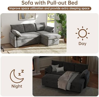 Sofa Bed, 80'' L-Shaped Chenille Sleeper Sofa, Dark Gray