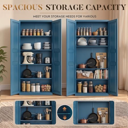 71” Metal Pantry Cabinet,Kitchen Pantry Storage Cabinets with Doors and 4 Adjustable Shelves,Tall Metal Storage Cabinet,Blue Pantry Cabinets Cupboard for Kitchen,Dining Room,Living Room and Bathroom