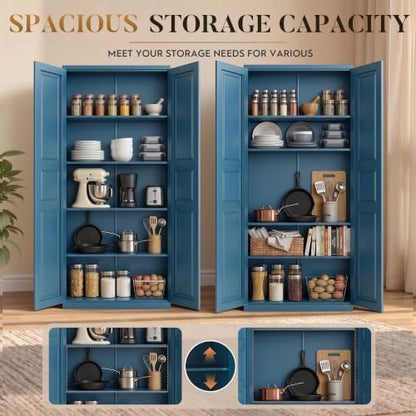 71” Metal Pantry Cabinet,Kitchen Pantry Storage Cabinets with Doors and 4 Adjustable Shelves,Tall Metal Storage Cabinet,Blue Pantry Cabinets Cupboard for Kitchen,Dining Room,Living Room and Bathroom