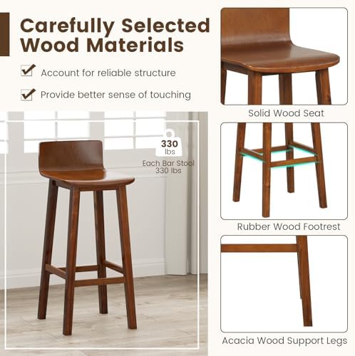 GIANTEX 29" Bar Stools Set of 2, Bar Height Bar Stools w/Low Back & Footrest, Farmhouse Wooden Bar Dining Chairs, Armless Wood Barstools for Kitchen Island, Pub, Cafe, Breakfast, Brown