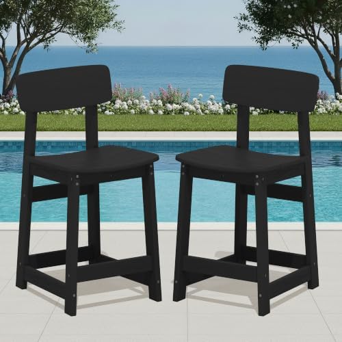 SERWALL Outdoor HDPE Counter-Height Bar Stools Set of 2, Black