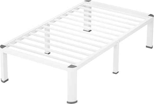 VIPSHOW 14 Inch White Twin Heavy Duty 3500 lbs Bed Frame with Round-Corner Legs & Anti-Squeak Design – Quick Assembly Metal Platform, No Box Spring Needed