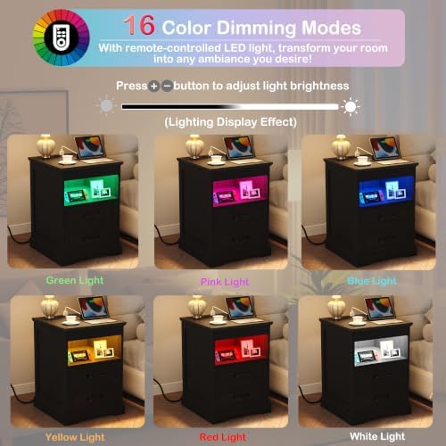 Yusong Farmhouse Night Stand with Gun Drawer & Invisible Lock, 25" Tall LED Bedside Table with Charging Station, End Table with Open Shelf for Bedroom Room (Black)