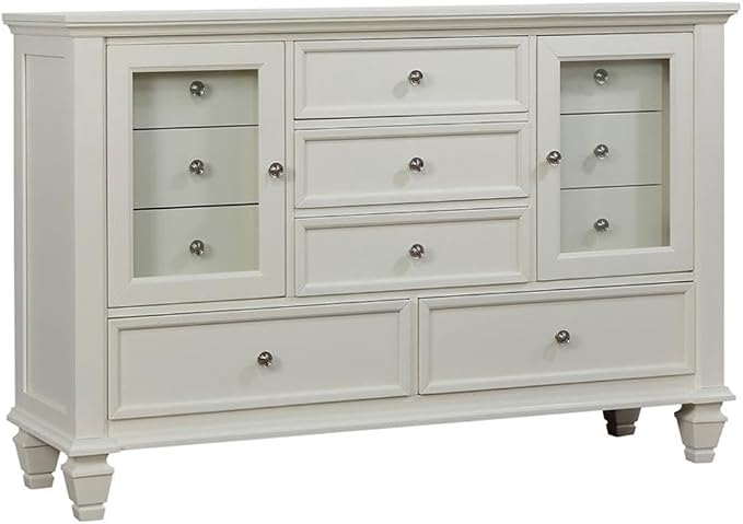 Pemberly Row 4-Piece Coastal Bedroom Set, Eastern King Bed, Cream White Finish, Solid Hardwood & Engineered Wood Construction, Dresser, Mirror, Nightstand, Classic Carved Detailing, Ample Storage