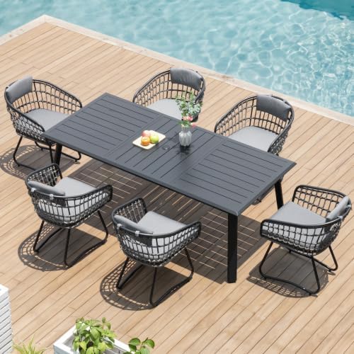 Pellebant 7 Piece Outdoor Dining Set for 6, Aluminum Table & Wicker Chairs