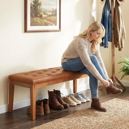 Ottoman Bench Oversized Entryway Shoe Bench Seat Faux Leather Cognac