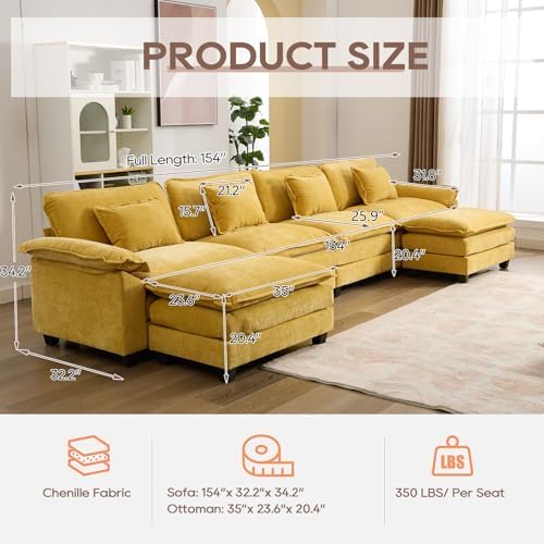 IPKIG 154" Sectional Sofa Cloud Couch, Chenille U-Shaped Couch Comfy Upholstered 4-Seat Sofa with 2 Ottoman, 4 Lumbar Pillow, Deep Seat Modular Sofa for Living Room, Apartment, Studio, Yellow