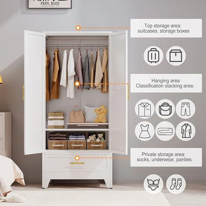 RIETERN Metal Armoire Wardrobe Closet, 71" Bedroom Closet with Mirror White