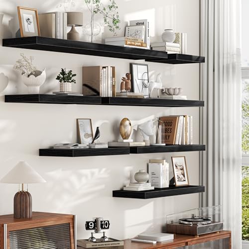 Black Floating Shelves for Wall, 16'' W x 12'' D Wall Mounted Rustic Wood Shelves for Bathroom, Bedroom, Living Room, Kitchen, Hanging Shelf for Storage/Room Decor with Heavy Duty Brackets, 3 Pack