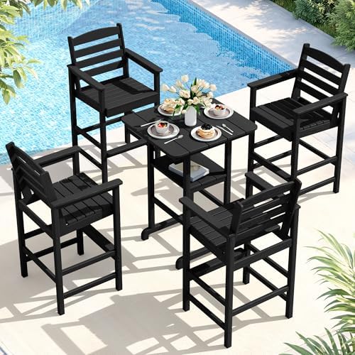 SERWALL 5 Pcs HDPE Bar Height Chairs and Double Layer Pub Table Set, Black