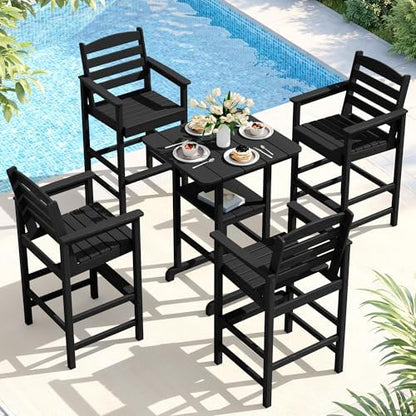 SERWALL 5 Pcs HDPE Bar Height Chairs and Double Layer Pub Table Set, Black