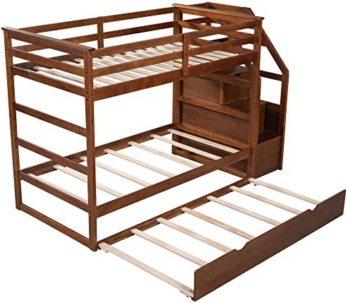 Harper & Bright Designs Twin-Over-Twin Bunk Bed with Trundle and 3-Storage Staircase,Solid Wood 3 in 1 Stairway Bunk Bed with Trundle,Walnut