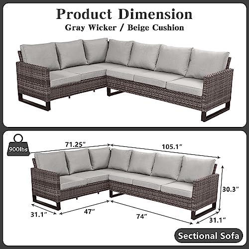 Belord Outdoor Sectional Sofa 6 Seater L Shaped Couch Wicker Patio Conversation Furniture Set Rattan Outdoor Furniture with Removable Washable Cushion Beige