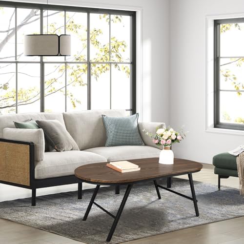 Foldable Coffee Table Oval Small Coffee Tables with Metal Legs Floor Table Desk for Sitting on the Floor Low Coffee Table for Small Spaces Living Room Outdoor Use Dark Brown