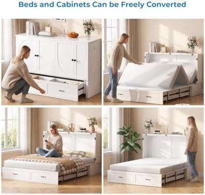 Mjkone Queen Murphy Bed Cabinet with Charging Station & Storage, White