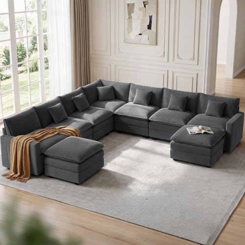 Oversized Cloud Couch Sectional, Deep Seat Modular Sofa with Ottoman, Grey