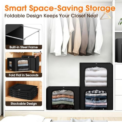 4 Pack Clothes Storage Bins with Metal Frame, Black, 40L