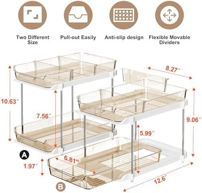 Delamu 2-Tier Multi-Purpose Bathroom Under Sink Organizers and Storage, Stackable Kitchen Pantry Organization, Pull Out Medicine Cabinet Organizer with Movable Dividers, Amber, 2 Pack
