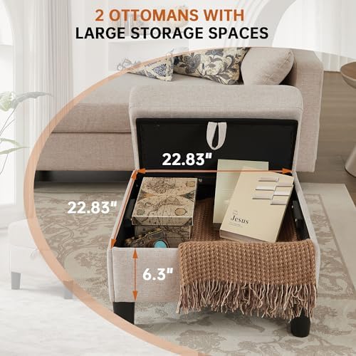 Sectional U Shape Sofa with Storage, 100" U Shaped 4 Seater Couch with 2 Movable Ottoman Chaises Polyester Fibre for Living Room, Beige