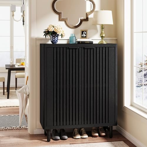 Tribesigns 6-Tier Shoe Cabinet with Shutter Doors, Large Wooden Shoe Organizer Rack with Adjustable Shelves, Modern Farmhouse Hidden Storage Furniture for Entryway, Hallway (Black)