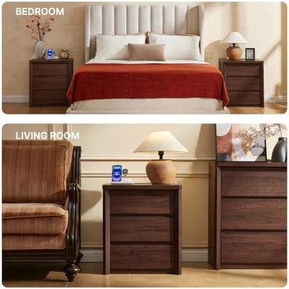 Amada 3 Drawer Nightstand with Charging Station, Modern Mid-Century Walnut