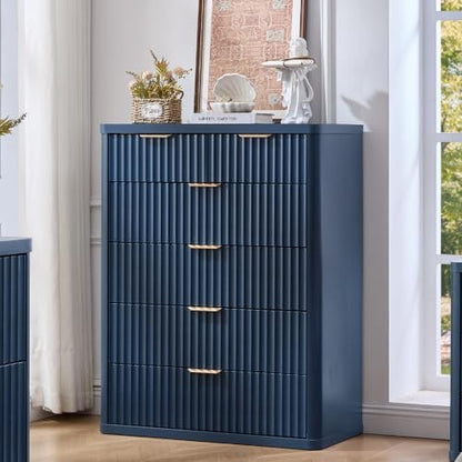 LEYAOYAO Fluted 6 Drawers Dresser for Bedroom, 42" Tall Modern Chest of Drawers with Metal Handle,Curved Profile Design,Navy Blue Wood Drawer Organizer for Bedroom, Living Room, Hallway, Entryway