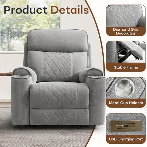 HAOMARKETS Power Recliner Chair for Adults with USB Port, Soft Fabric Electric Recliners with Metal Cup Holders, Single Overstuffed Heavy Duty Reclining Sofa Chairs for Living Room, Light Grey