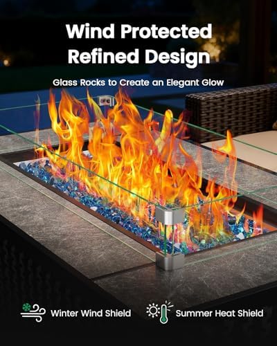 Ciays 43″ Fire Pit Table, Outdoor Propane Fire Pit Table with Premium Ceramic Tabletop, Glass Wind Guard, Lid, Glass Rock, 50,000 BTU CSA-Certified Gas Fire Pits for Outside Patio, Party, Deck