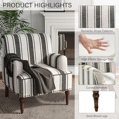 Stripe Accent Chairs Set of 2, Fabric Upholstered Armchair, Black